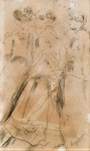 Raffaele Ragione - Tre donne, fine Ottocento-inizi Novecento, matita su carta, mm 210x120