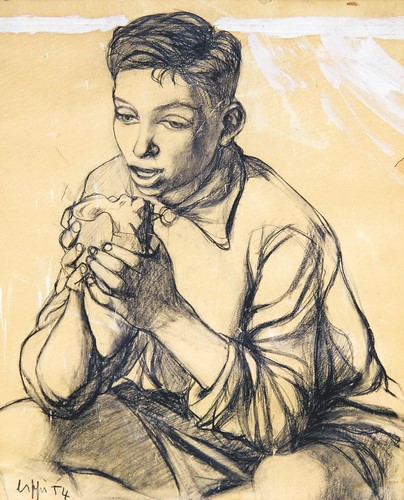 Raffaele Lippi - La merenda, 1954, carboncino su carta, mm 450x37