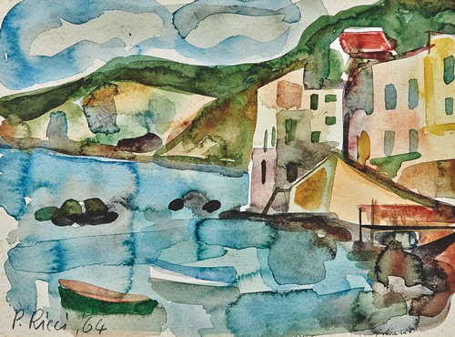 Paolo Ricci - Porticciolo, 1964, acquerello su carta, cm 23x31